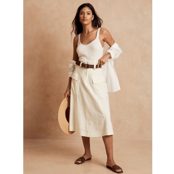 🌷Banana Republic Oversized Pocket Paper Bag Cream Midi A-Line Skirt w/Ti… - Picture 2 of 13